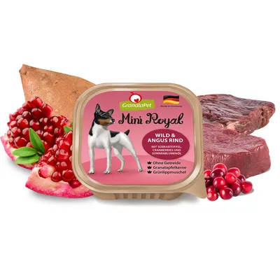GranataPet Mini Royal Wild & Angus wołowina. Z batatem, żurawiną i olejem słonecznikowym. Bez zbóż, pestek granatu, małży nowozelandzkiej. Wyprodukowano w Niemczech.