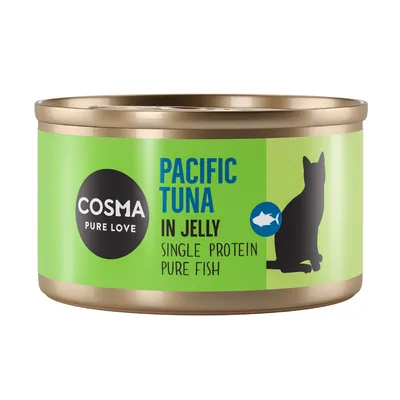 Boîte Cosma Pure Love, texte visible : Pacific Tuna in Jelly, Single Protein, Pure Fish, silhouette de chat et poisson. Étiquette verte.