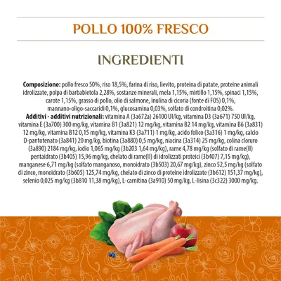 Pollo 100% fresco. Ingredienti: pollo fresco 50%, riso 18,5%, farina di riso, lievito, proteina di patate, proteine animali idrolizzate, polpa di barbabietola 2,28%, mela 1,15%, mirtillo 1,15%, spinaci 1,15%.