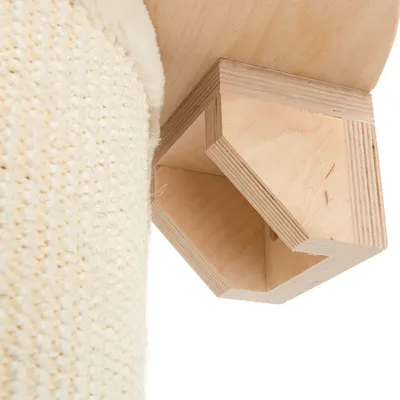 Close-up view of a scratching post element made of light wood and beige sisal fabric.