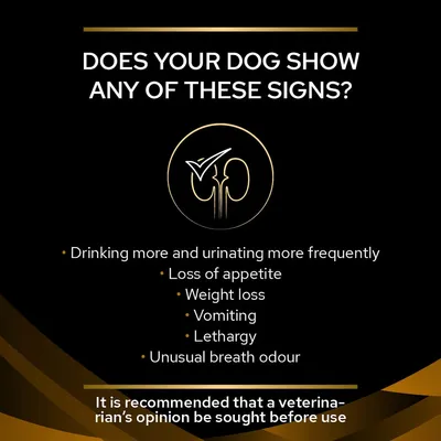 Signs listed: drinking and urinating more, loss of appetite, weight loss, vomiting, lethargy, unusual breath odour. Veterinary advice recommended before use.