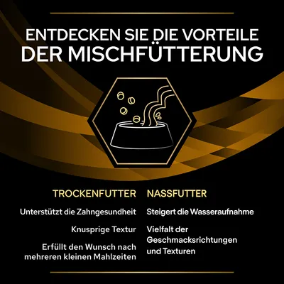 Entdecken Sie die Vorteile der Mischfütterung: Trockenfutter unterstützt Zahngesundheit, knusprige Textur, kleine Mahlzeiten. Nassfutter steigert Wasseraufnahme, Vielfalt an Geschmacksrichtungen.