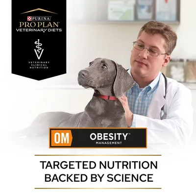 Purina Pro Plan Veterinary Diets OM Obesity Management. Targeted nutrition backed by science. Veterinary clinical nutrition shown with a vet and a dog.