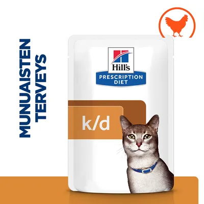 Hill's Prescription Diet k/d kissan märkäruokapakkaus, etiketissä kuva kissasta ja teksti 'MUNUAISTEN TERVEYS', yläkulmassa oranssi kanan siluetti.