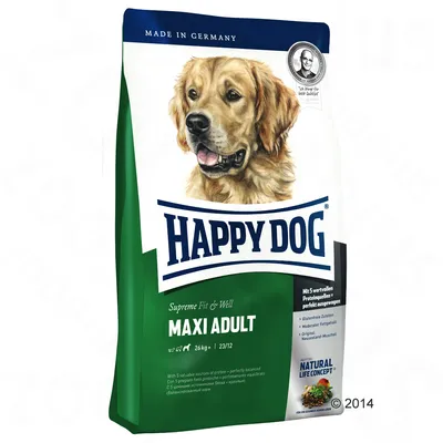 Balenie krmiva pre psov Happy Dog Supreme Fit & Well Maxi Adult, 26 kg. Viditeľné texty: Made in Germany, Natural Life Concept.