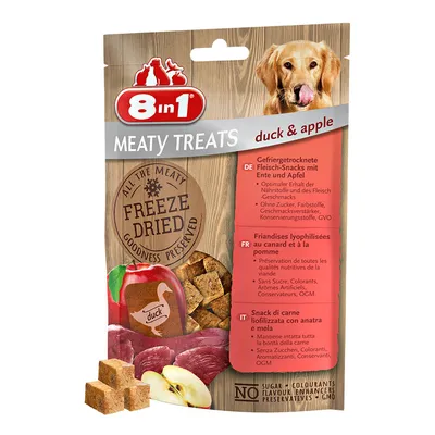 Συσκευασία 8in1 Meaty Treats duck & apple, λυοφιλοποιημένες λιχουδιές με πάπια και μήλο. Εμφανίζεται το κείμενο 'NO sugar, colourants, flavour enhancers, preservatives, GMO'.
