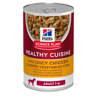 Hill's Science Plan Healthy Cuisine with juicy chicken and added vegetables stew, for adult 1-6. Veterinarian recommended.