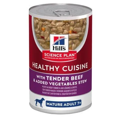 Hill's Science Plan Healthy Cuisine s jemným hovädzím a zeleninovým ragú, pre dospelých psov 7+. Text: Mature Adult 7+.