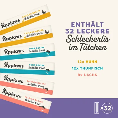 Enthält 32 Schleckerli im Tütchen: 12x Huhn, 12x Thunfisch, 8x Lachs. Applaws lickable treat Chicken, Tuna, Salmon Recipe. Enthält 32 Schleckerli im Tütchen: 12x Huhn, 12x Thunfisch, 8x Lachs. Applaws lickable treat Chicken, Tuna, Salmon Recipe.