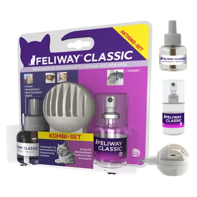 Feliway Classic Kombi-Set: odpařovač pro nepřetritou relaxaci doma, sprej pro pohodu při přepravě. Pomáhá při škrábání, značkování, nových situacích a strachu.