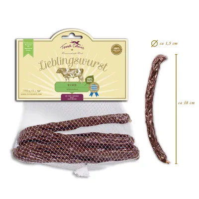 Terra Canis Lieblingswurst Rind -naudanmakkarat verkossa, 190 g (8 kpl), pakkauksessa näkyy teksti '100 % Natur', makkaran pituus noin 18 cm, halkaisija noin 1,5 cm.