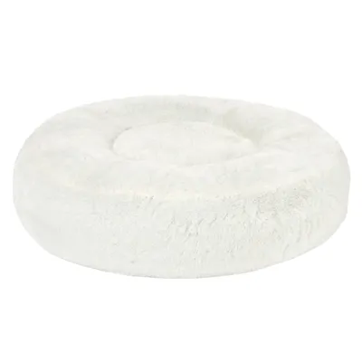 Ronde, witte pluche huisdierenmand met opstaande rand, volledig zichtbaar zonder merknaam of extra details.
