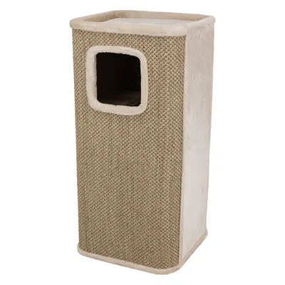 Kratzmöbel aus beigem Sisal mit quadratischer Öffnung und weicher Umrandung, geeignet für Katzen zum Kratzen und Verstecken.