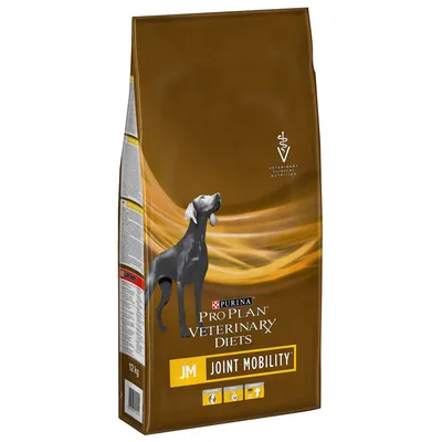 Opakowanie Purina Pro Plan Veterinary Diets JM Joint Mobility, 12 kg. Widoczny czarny pies, symbole oraz tekst: VETERINARY CLINICAL NUTRITION, JM JOINT MOBILITY.