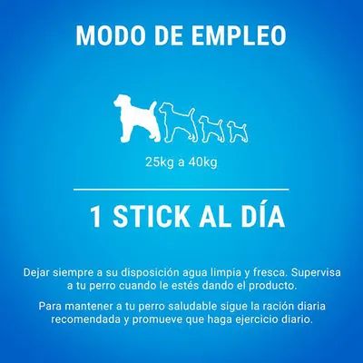 Modo de empleo: para perros de 25 kg a 40 kg, 1 stick al día. Instrucciones: agua limpia disponible, supervisar al perro y seguir la ración diaria recomendada con ejercicio diario.