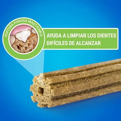 Snack masticable con textura porosa. Texto: 'Ayuda a limpiar los dientes difíciles de alcanzar' y 'Textura porosa masticable'. Imagen ampliada de la textura del producto.