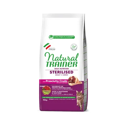 Natural Trainer Sterilised Adult >1 year with Prosciutto Crudo, 10kg. Supports healthy urinary tract and weight maintenance. No colourants, preservatives or added sugar.