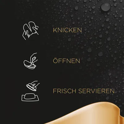 Anleitung zur Nutzung: Knicken, Öffnen und frisch servieren. Drei Schritte mit Symbolen für einfache Handhabung.