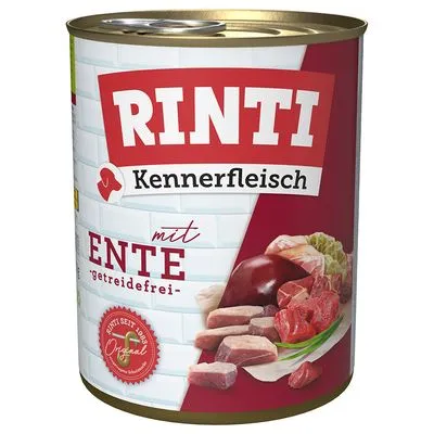 RINTI Kennerfleisch mit Ente, getreidefrei. Blik met afbeelding van stukjes vlees en groente. Rood zegel: Rinti seit 1983 Original.