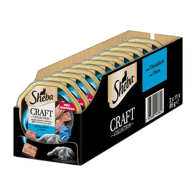 Sheba Craft Collection, paté met tonijn, 11 x 85g. MSC-gecertificeerd, nieuw. Verpakking toont productdetails en afbeelding van een grijze kattenkop.