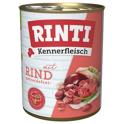 Blik Rinti Kennerfleisch met rund, getreidefrei. Afbeelding van vleesstukken en orgaanvlees op het etiket. Tekst: 'Seit 1983 Original'.