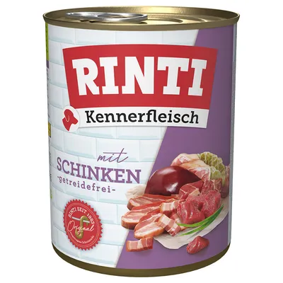RINTI Kennerfleisch mit Schinken, getreidefrei. RINTI seit 1983 Original. Abgebildet: Fleischstücke und Zutaten.