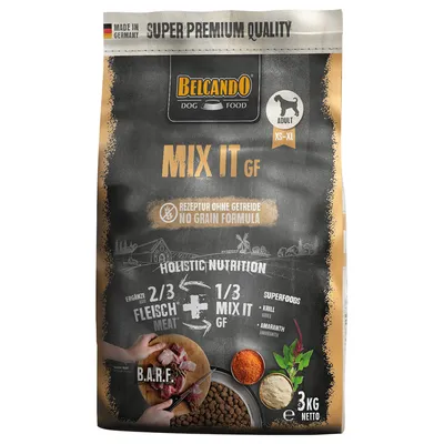 Belcando Dog Food Mix It GF, opskrift uden korn, Holistic Nutrition: 2/3 kød + 1/3 Mix It GF, superfoods: krill, amarant, fremstillet i Tyskland, 3 kg netto, til voksne hunde XS-XL.