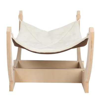 Struttura in legno con amaca bianca in tessuto, adatta per piccoli animali. Base con ripiano.