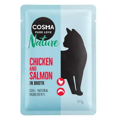 Sachet Cosma Pure Love Nature, Chicken and Salmon in Broth, 100% natural ingredients, silhouette de chat, 50 g. Texte en anglais.
