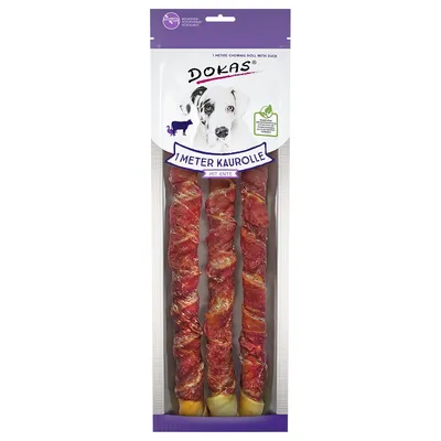 Dokas 1 Meter Kaurolle mit Ente – opakowane trzy długie gryzaki dla psa, widoczny napis '1 Meter Kaurolle mit Ente' oraz ilustracja psa na opakowaniu.