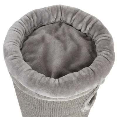 Graues, rundes Katzenbett mit weichem Plüschrand und gepolsterter Liegefläche. Aussenmaterial aus grauem Stoff mit strukturierter Oberfläche.