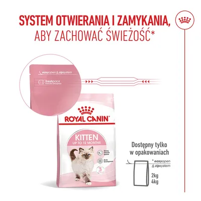 Royal Canin Kitten karma sucha z łatwym do otwierania i zamykania systemem easyopen & zip, freshpack-atmosfera ochronna. Dostępna w opakowaniach, 2kg i 4kg.
