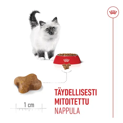 Kissanruokapala, jonka koko on 1 cm, ruokakuppi kuivaruokaa ja teksti: "TÄYDELLISESTI MITOITETTU NAPPULA". Kissanruokapala, jonka koko on 1 cm, ruokakuppi kuivaruokaa ja teksti: "TÄYDELLISESTI MITOITETTU NAPPULA".