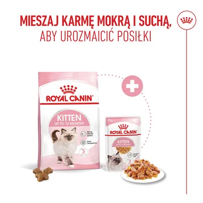 Royal Canin Kitten do 12 miesięcy, karma sucha i mokra, Uwaga: Mieszaj karmę suchą i mokrą, aby zapewnić urozmaicone posiłki. Royal Canin Kitten do 12 miesięcy, karma sucha i mokra, Uwaga: Mieszaj karmę suchą i mokrą, aby zapewnić urozmaicone posiłki.