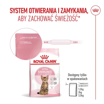 Royal Canin Kitten Sterilised 6 do 12 miesięcy z easyopen i zipsystem, freshpack. Dostępne w opakowaniach 1,2 kg, 2 kg oraz 3,5 kg. Royal Canin Kitten Sterilised 6 do 12 miesięcy z easyopen i zipsystem, freshpack. Dostępne w opakowaniach 1,2 kg, 2 kg oraz 3,5 kg.