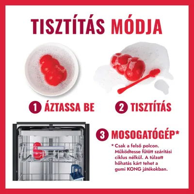 Tisztítási útmutató: 1. Áztatás, 2. Tisztítás kefével, 3. Mosogatógépben tisztítható a felső rekeszben, forró szárítás nélkül. A túlzott hő károsíthatja a gumijátékot.