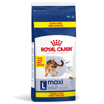 Опаковка Royal Canin Maxi Adult, 18 кг (15 кг + 3 кг безплатно), изображение на голямо куче, надпис: SIZE L maxi adult, за кучета от 26 до 44 кг, видими гранули.