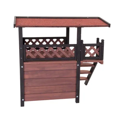 Drvena kućica za kućne ljubimce s natkrivenom terasom, ogradom i stepenicama. Vidljiva smeđa i crna konstrukcija od drva.