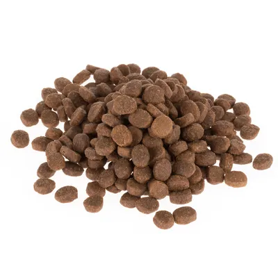 Brown dry food kibbles in round shape, stacked loosely on a white background.