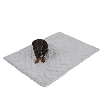 Graue, gesteppte Hundedecke mit einem kleinen Dackel darauf. Decke zeigt ein einfaches Design ohne sichtbare Marken oder zusätzliche Details.
