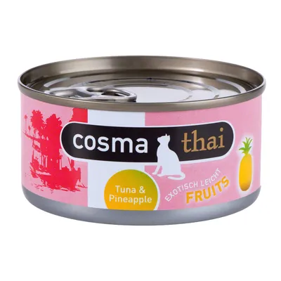 Konzerva cosma thai, nápisy Tuna & Pineapple, EXOTISCH LEICHT FRUITS, obrázek ananasu na růžovém obalu.