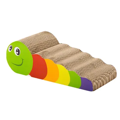 Griffoir ondulé en carton pour chat, forme de chenille avec tête verte souriante et segments colorés rouge, orange, jaune, vert et violet visibles sur le côté.