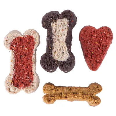 Four dog snacks in different shapes and colours: two bones with red and black accents, a red heart, and a brown bone.