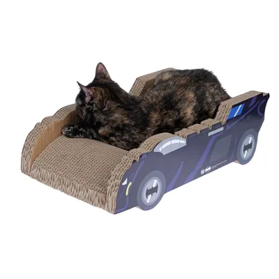 Krabmeubel van karton in de vorm van een auto, geschikt om te krabben en liggen. Ontwerp met zwarte en blauwe accenten. Kat ligt erop.