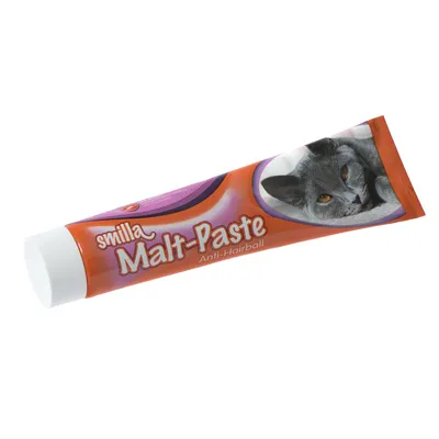 Tube de Smilla Malt-Paste Anti-Hairball avec photo d’un chat gris sur l’emballage, texte visible : smilla Malt-Paste Anti-Hairball.