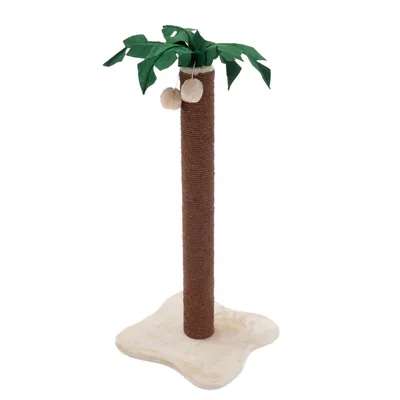 Krabpaal in de vorm van een palmboom met sisalstam, groene bladeren en twee hangende pluche ballen aan de bovenkant, op een beige voet.