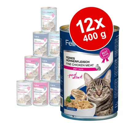 Feline Porta 21 fine chicken meat, pure. 12x 400g cans, no added sugar, bestseller award, serving suggestion with cat image.