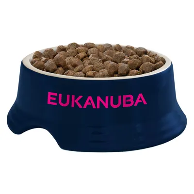 Bowl filled with dry pet food, Eukanuba brand name visible on the bowl.