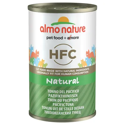 Conservă almo nature HFC pentru pisici, Natural, Pacific Tuna. Text vizibil: 'cat food made with natural ingredients originally fit for human consumption'. Etichetă verde cu mai multe limbi.