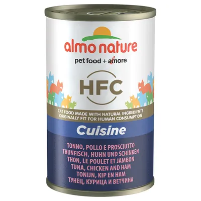 Conservă Almo Nature HFC Cuisine pentru pisici, ton, pui și șuncă. Text vizibil: 'pet food + amore', 'Cat food made with natural ingredients originally fit for human consumption'.